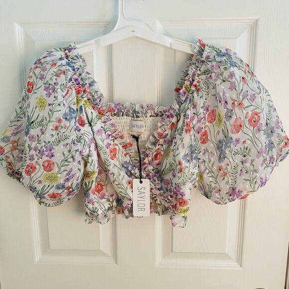 Saylor Floral Teryn Top Womens Size S Blouse Cropped Puff Sleeve Forest Fairy - Picture 2 of 7